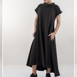 Locker Room Midi A-Line Flared Swing Dress Pockets Lagenlook Black Minimalist